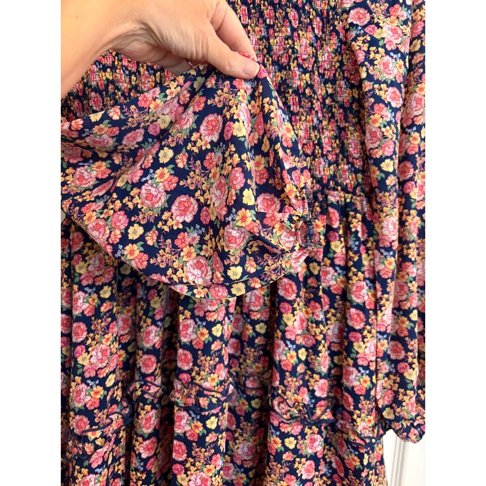 New Simply Southern Floral Smocked Tiered Maxi Dress Navy Pink XL Peasant Boho - Picture 3 of 12